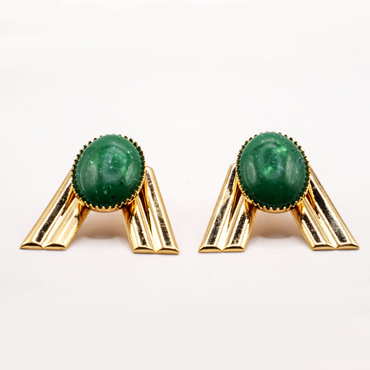 Orecchini Moderni Dorati con Pietra Verde Ovale - Gioielli di Design per Donna