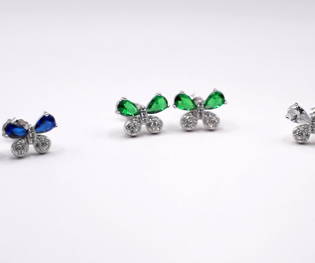 Orecchini Farfalla| Zirconi colorati blu verde trasparente | Gioielli luminosi a lobo