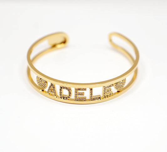 Bracciale rigido Gold personalizzato | Nome con strass brillanti | Cuori e stelle decorativi|Gold o Silver