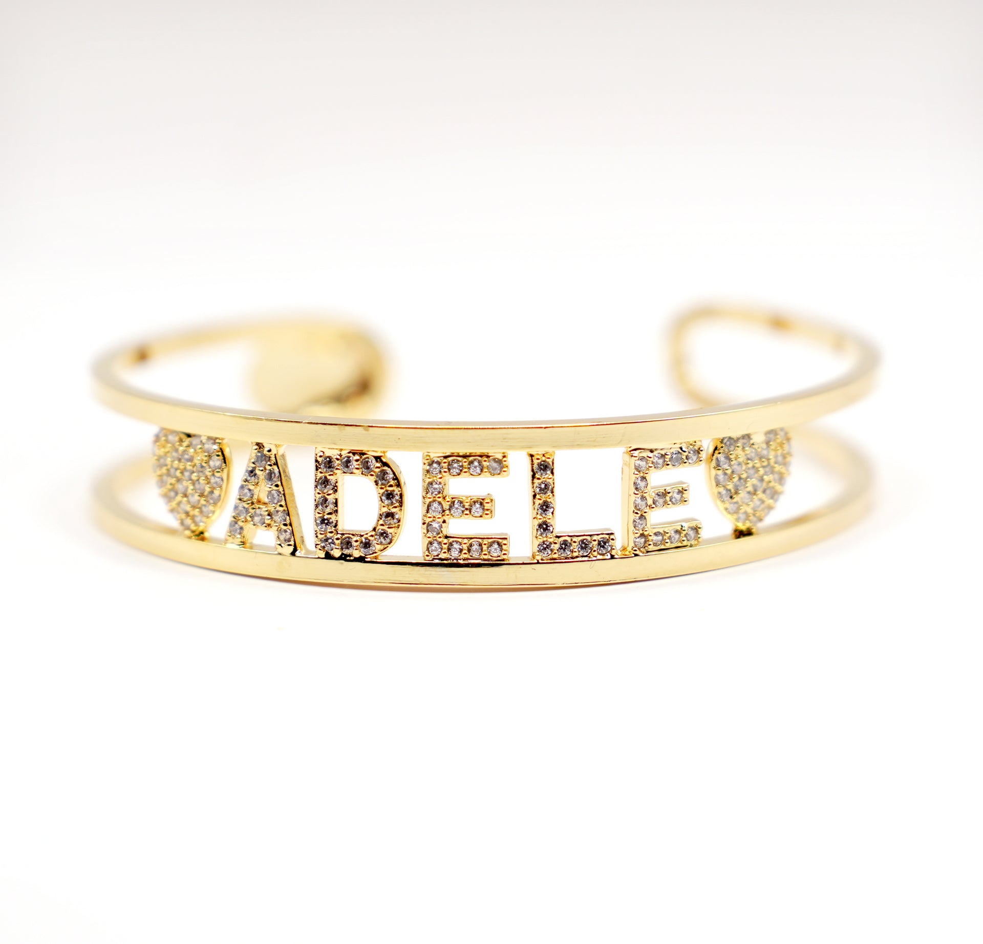 Bracciale rigido Gold personalizzato | Nome con strass brillanti | Cuori e stelle decorativi|Gold o Silver