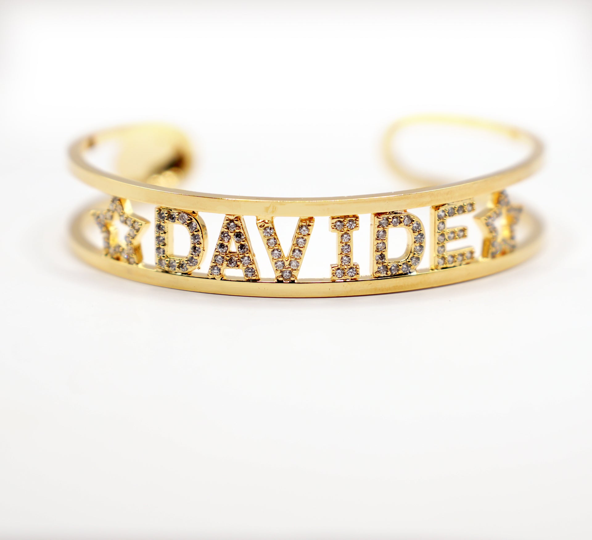 Bracciale rigido Gold personalizzato | Nome con strass brillanti | Cuori e stelle decorativi|Gold o Silver