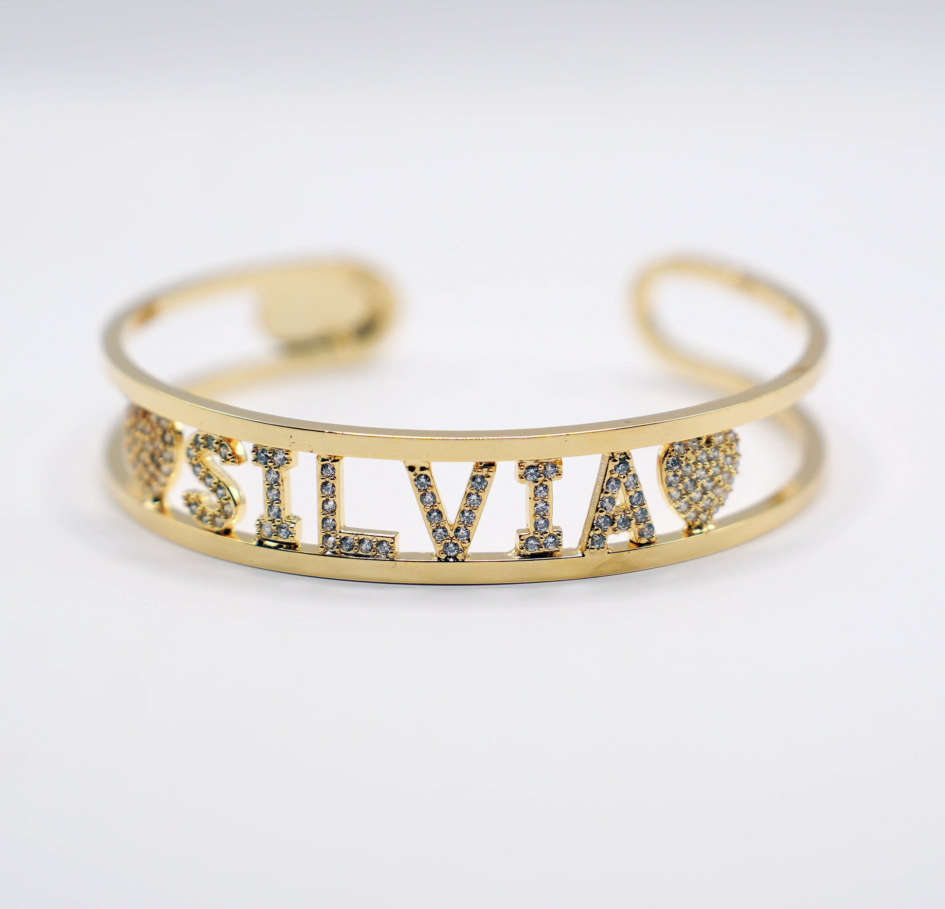 Bracciale rigido Gold personalizzato | Nome con strass brillanti | Cuori e stelle decorativi|Gold o Silver