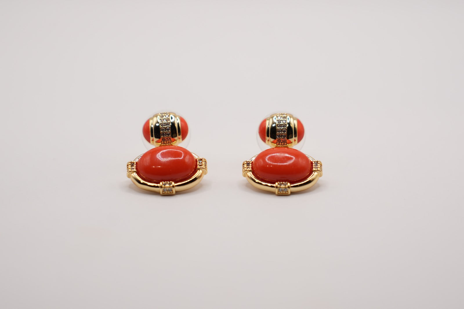 30%SCONTO - Orecchini cabochon corallo|zirconi|ottone anallergico|gold