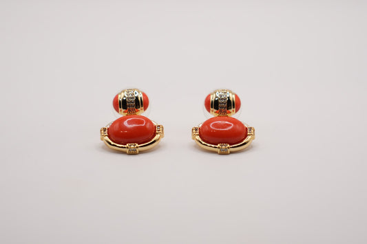 30%SCONTO - Orecchini cabochon corallo|zirconi|ottone anallergico|gold