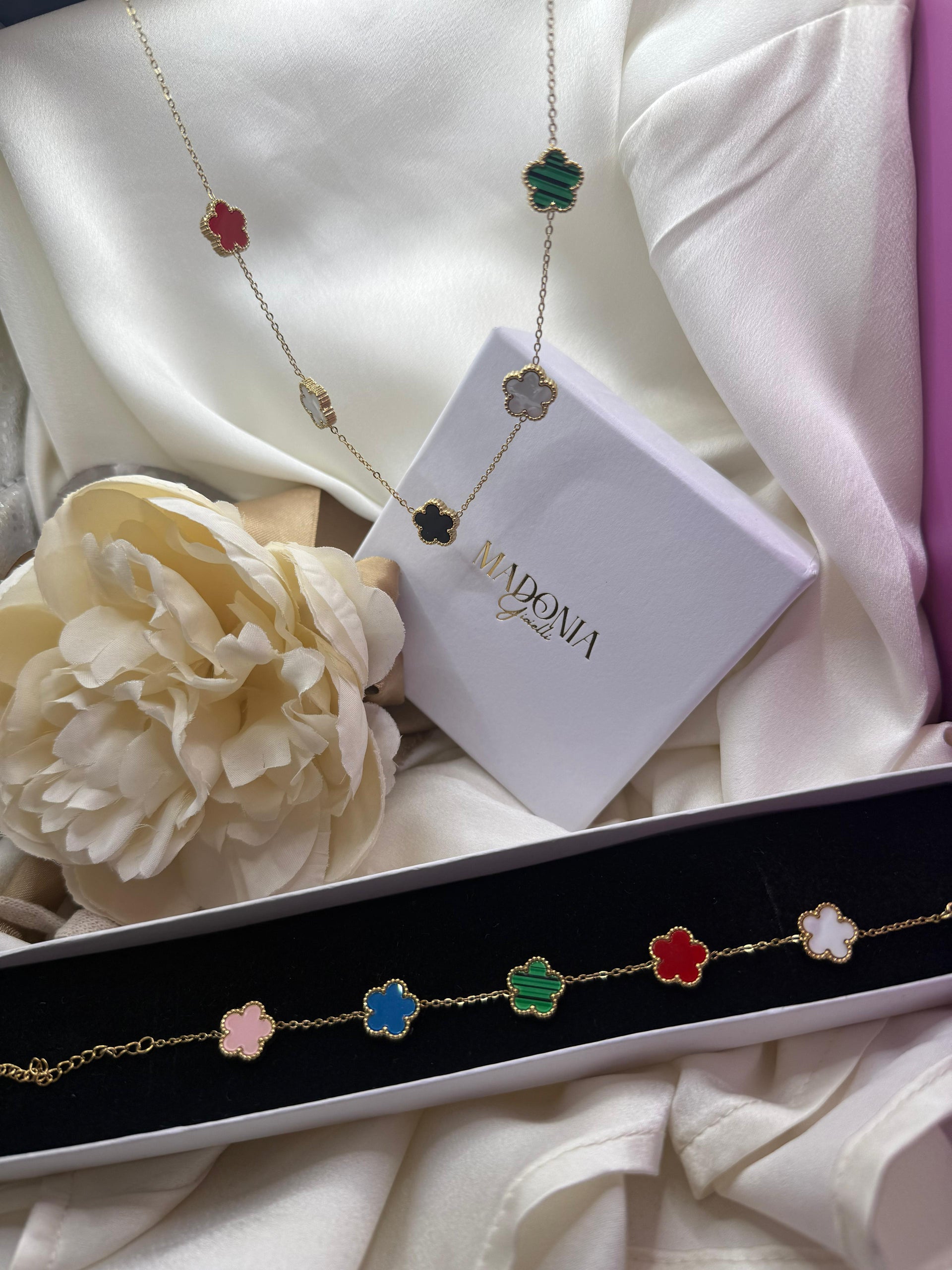 Collana e Bracciale Quadrifoglio | Multicolore | Acciaio Inossidabile | Set Elegante | Catena Regolabile